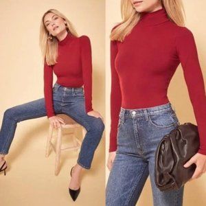Reformation Jeans Navia Mock Turtleneck Long Sleeve Bodysuit Large Red Cotton L